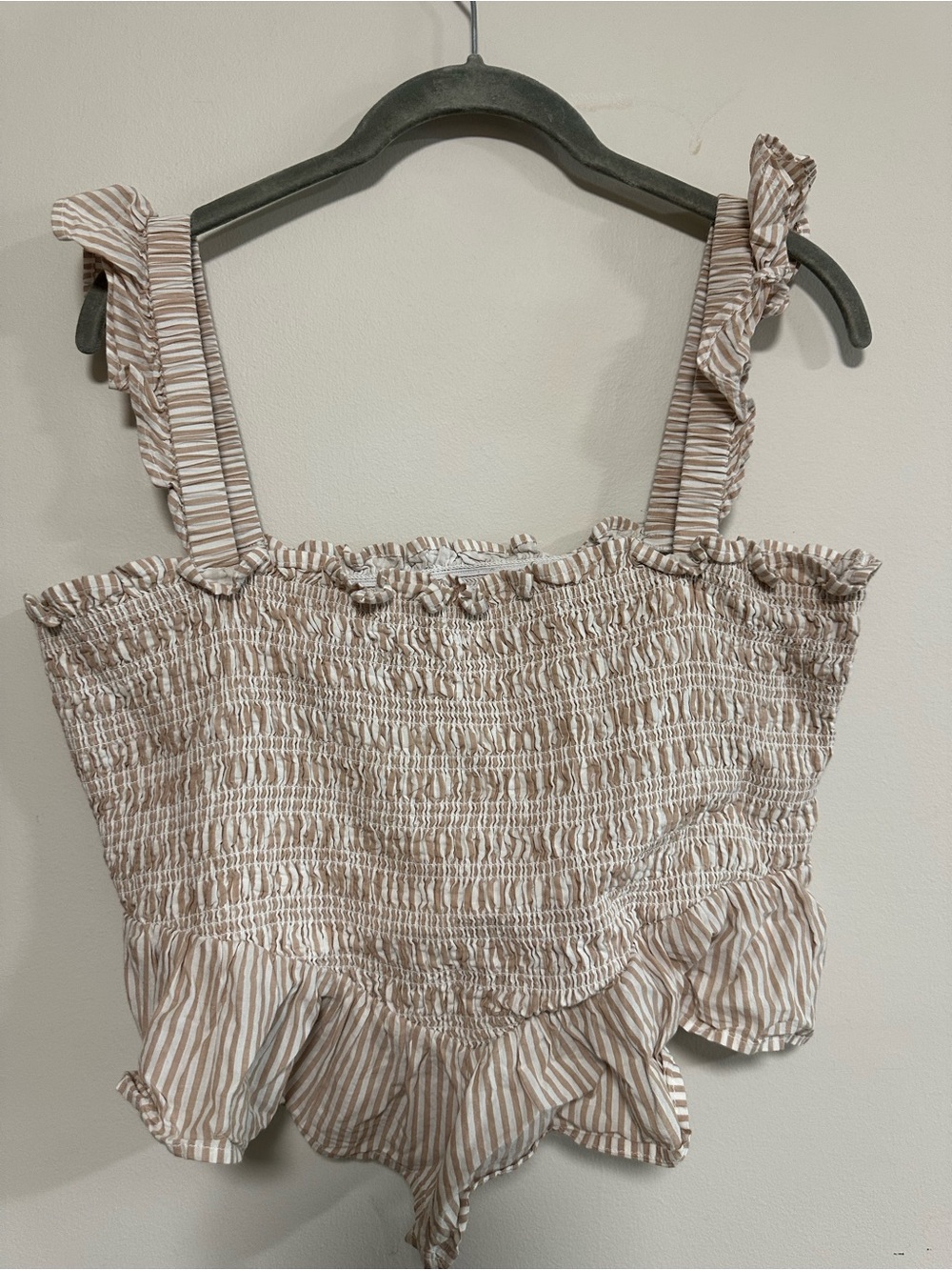 Striped Smocked Ruffle Tank Top - Beige/White
